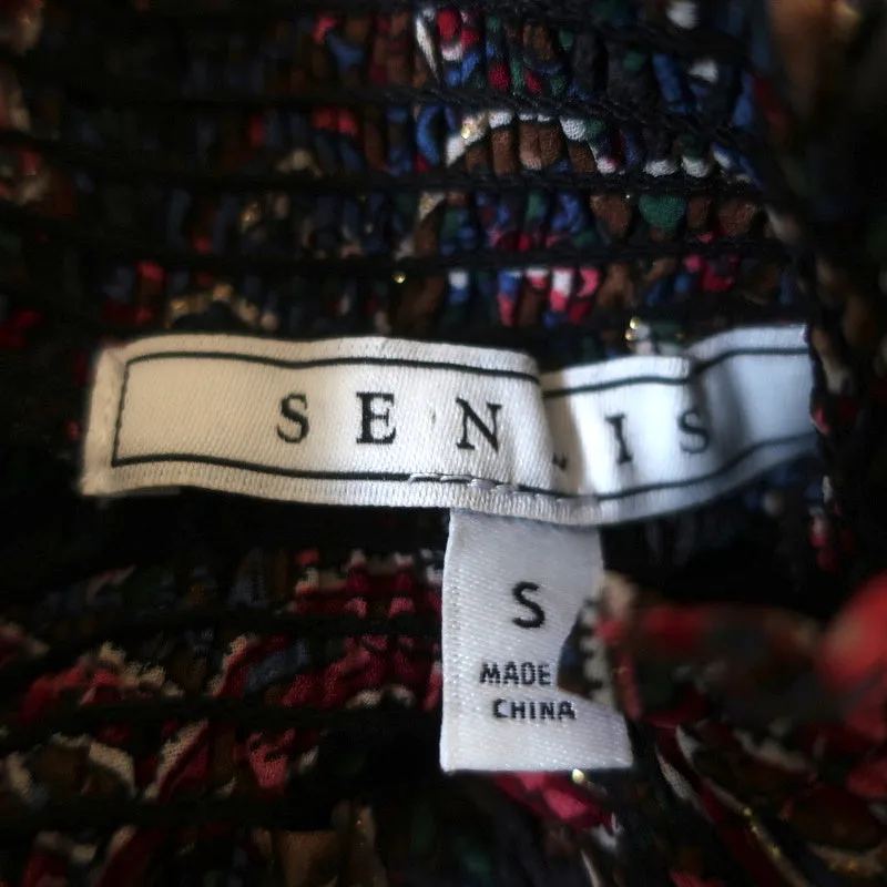 Senlis Blouse Navy Smocked Paisley Print Size Small Long Sleeve Top