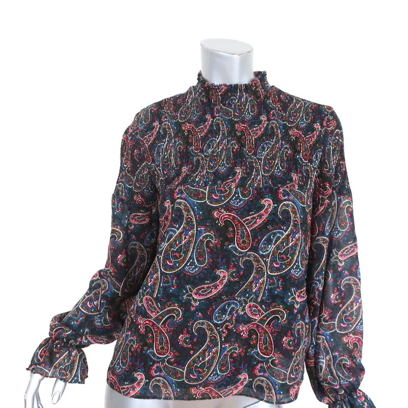 Senlis Blouse Navy Smocked Paisley Print Size Small Long Sleeve Top