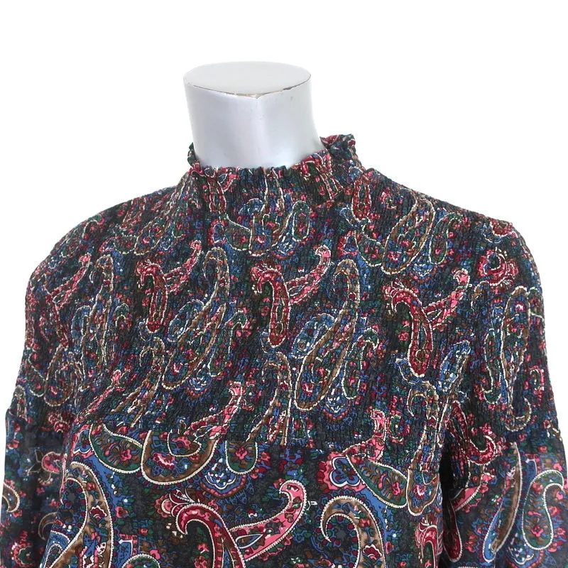 Senlis Blouse Navy Smocked Paisley Print Size Small Long Sleeve Top