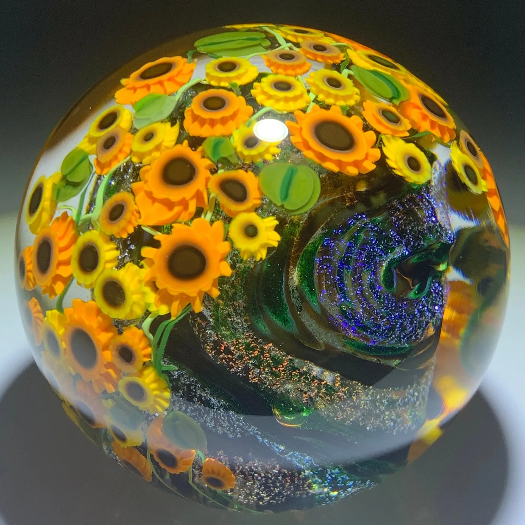 Shawn Messenger 2016 Sunflowers & Dichroic Core Millefiori Paperweight
