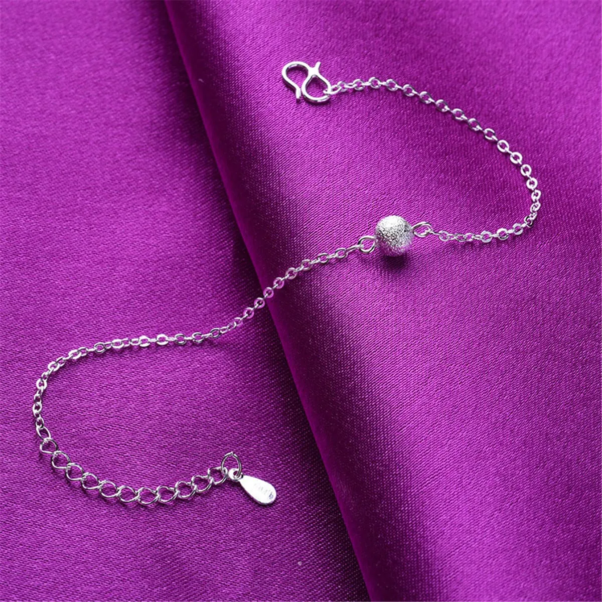 Silver-Plated Frosted Bead Charm Anklet