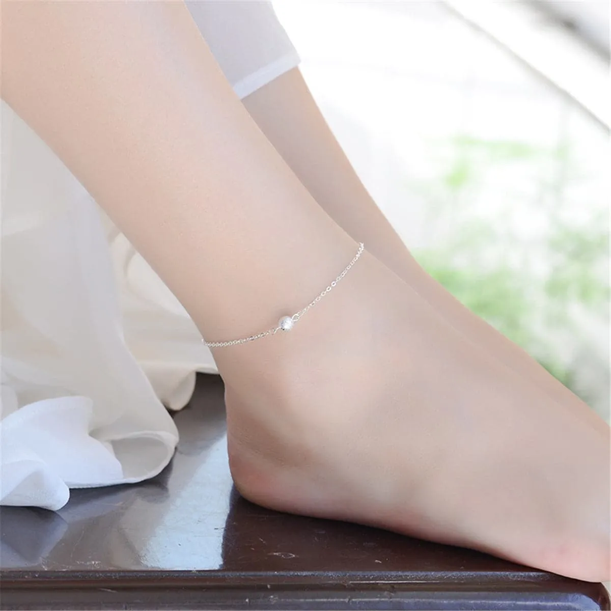 Silver-Plated Frosted Bead Charm Anklet