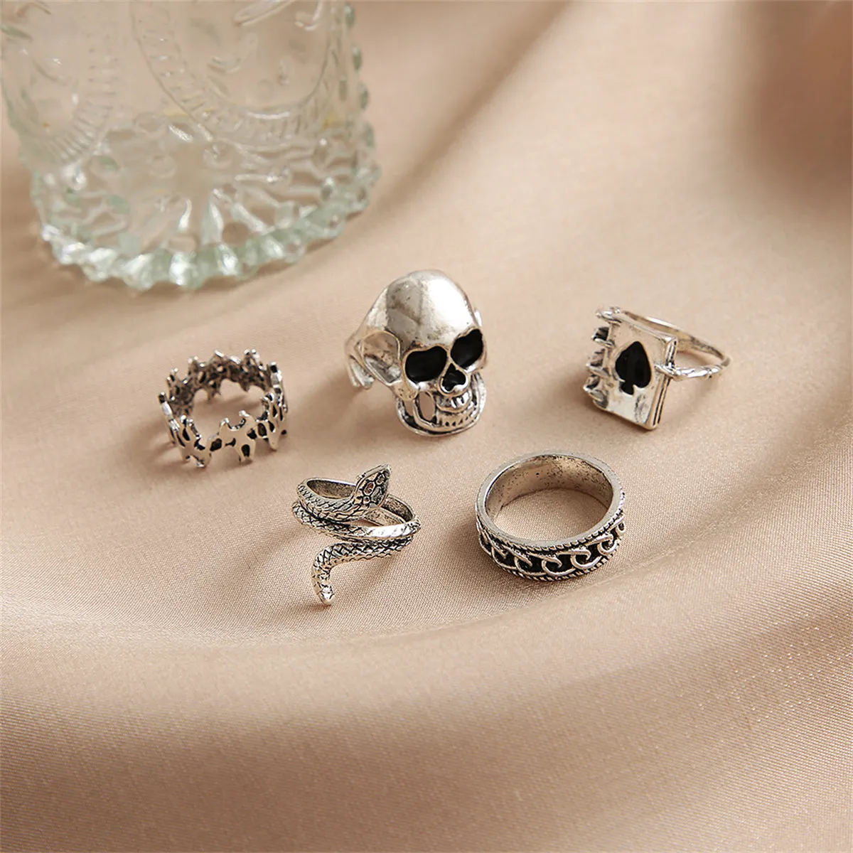 Silver-Plated Oxidized Skull Ring Set