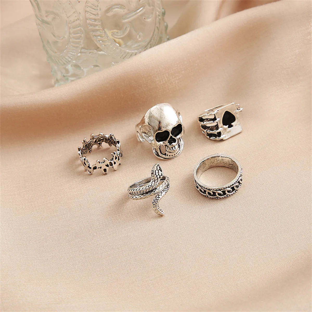Silver-Plated Oxidized Skull Ring Set