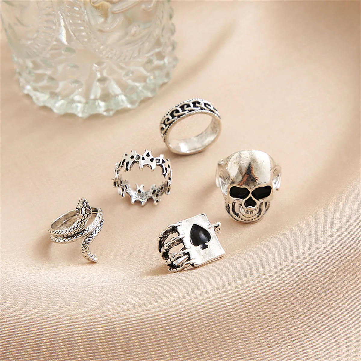 Silver-Plated Oxidized Skull Ring Set