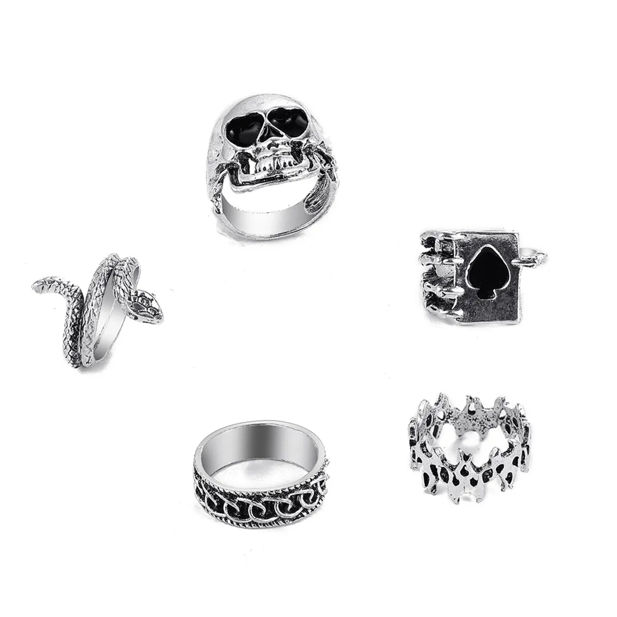 Silver-Plated Oxidized Skull Ring Set