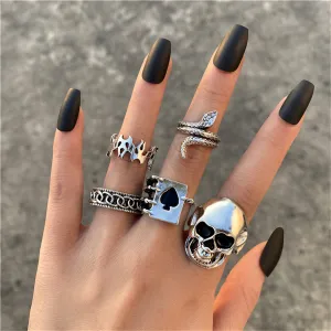 Silver-Plated Oxidized Skull Ring Set