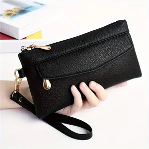Soft PU Leather Clutch Handbag Zipper Closure Wristlet Strap