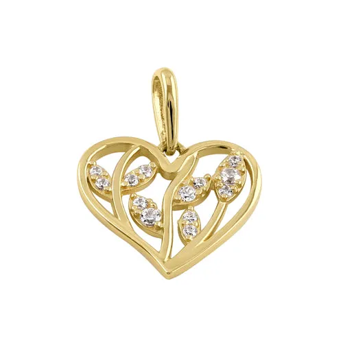 Solid 14k Gold Trendy Heart with Branches CZ Pendant