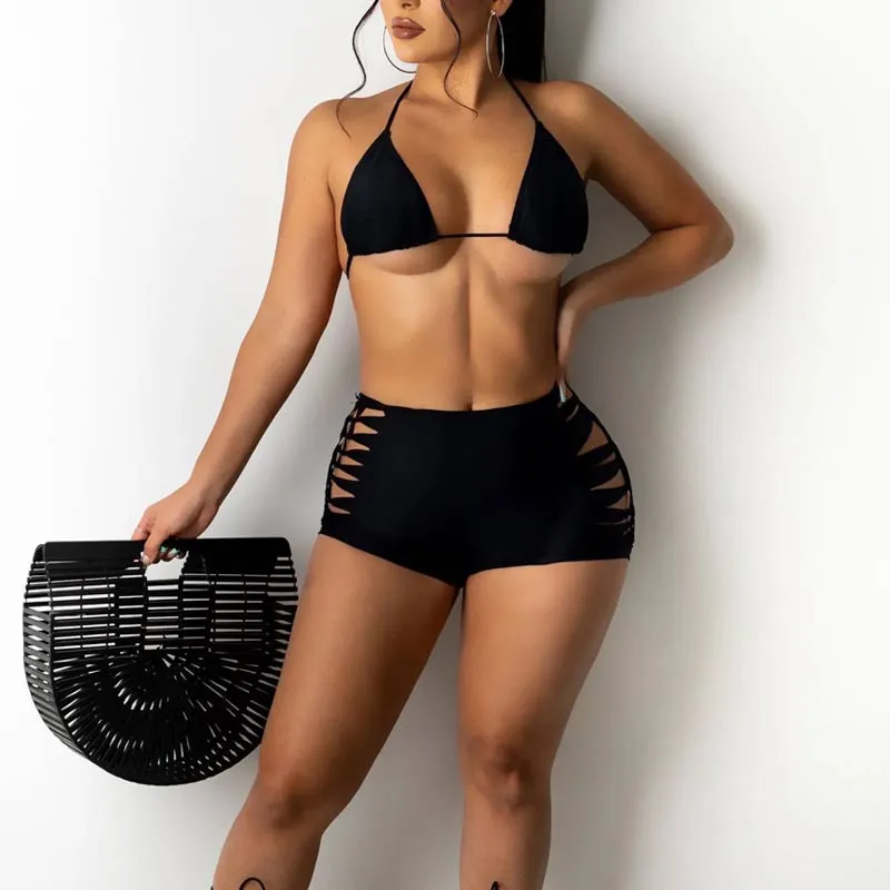 Solid Halter Cut Out Shorts Set