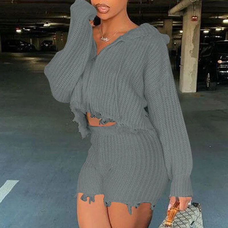 Solid Long Sleeve Hoodie Sweater & Shorts Set