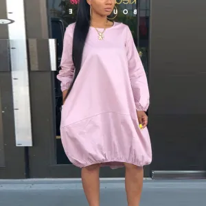 Solid Round Neck Long Sleeve Loose Dress