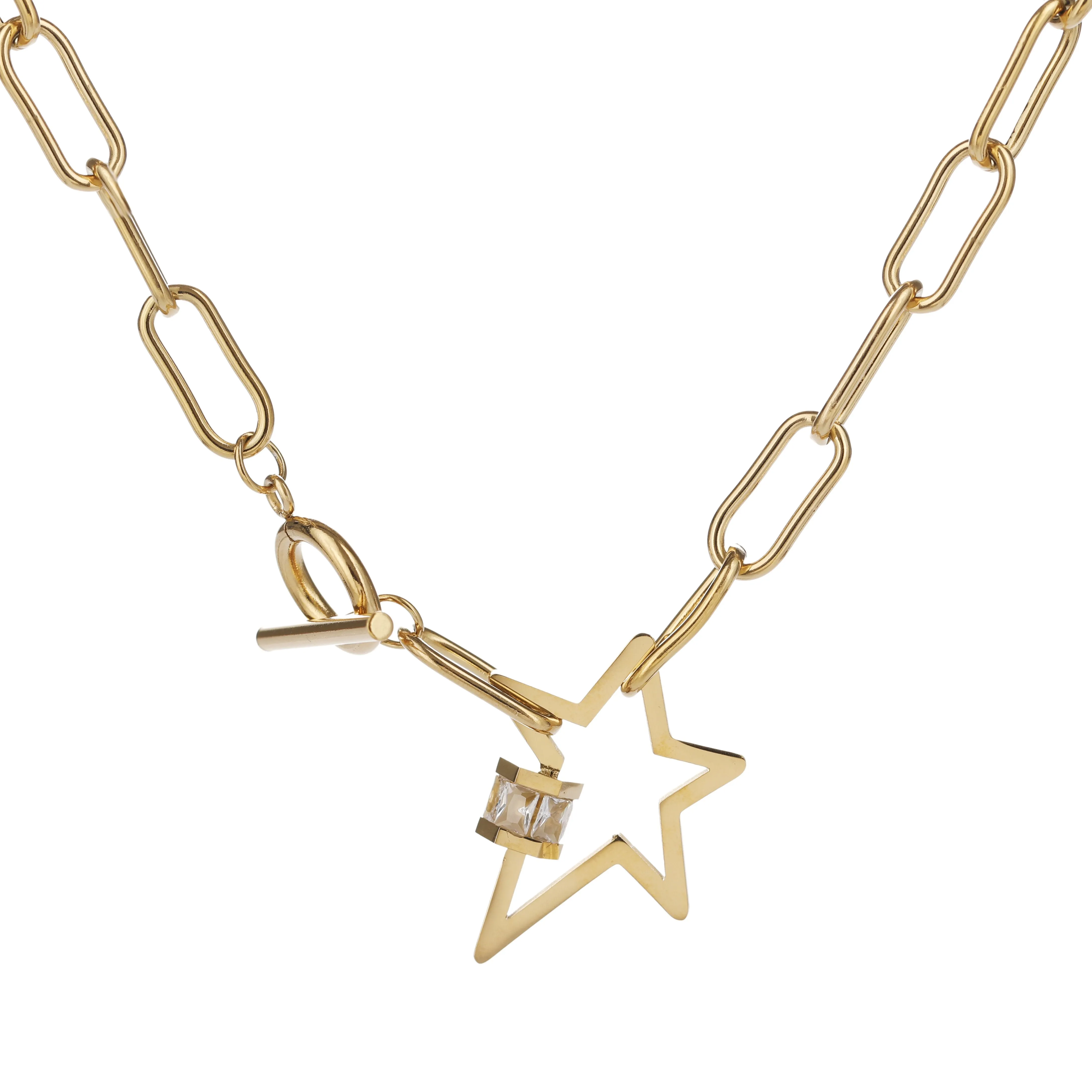 Stainless Steel Gold Plated Trendy Paper Clip Chain With Cubic Zirconia Star Charm