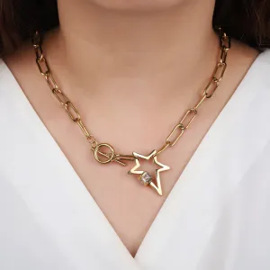 Stainless Steel Gold Plated Trendy Paper Clip Chain With Cubic Zirconia Star Charm