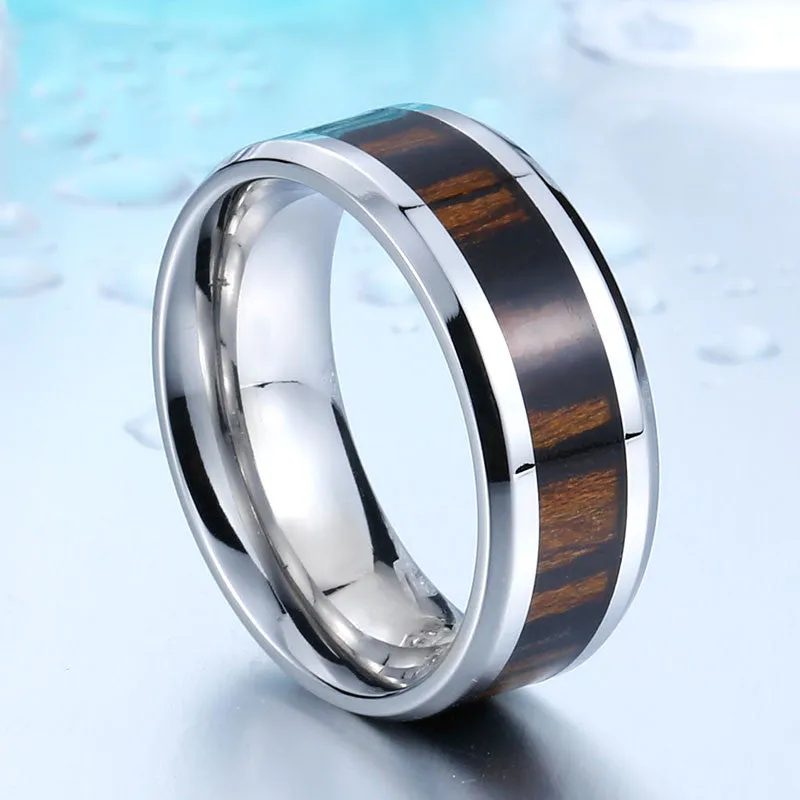 Stainless Steel Rings with Simulated Wood Center