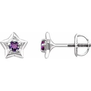 Sterling Silver 3 mm Round February Youth Star Birthstone Earrings
