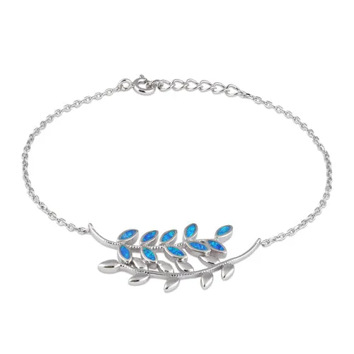 Sterling Silver Blue Opal Trendy Leaf Bracelet