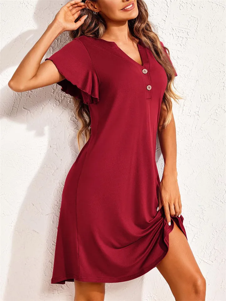 Stretchy Silky V Neck Knee Length Home Dress for Lady