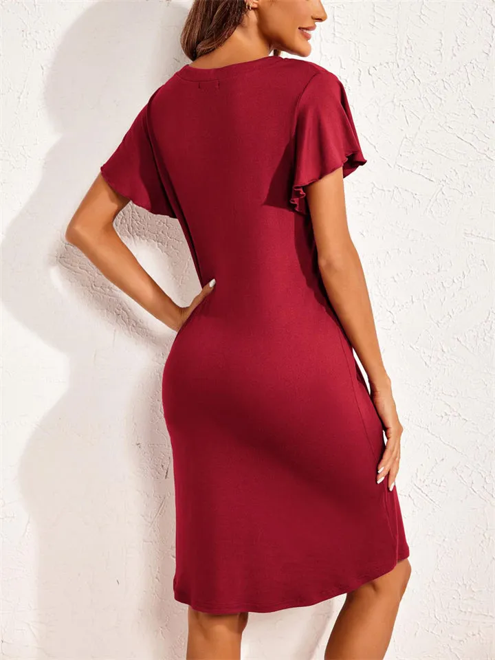 Stretchy Silky V Neck Knee Length Home Dress for Lady