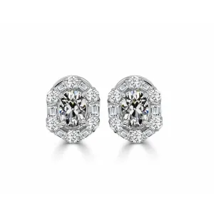 Stylish Halo Stud Earrings 6.25 Ct Baguette Oval Old Cut Mined Diamond