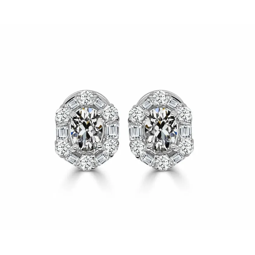 Stylish Halo Stud Earrings 6.25 Ct Baguette Oval Old Cut Mined Diamond