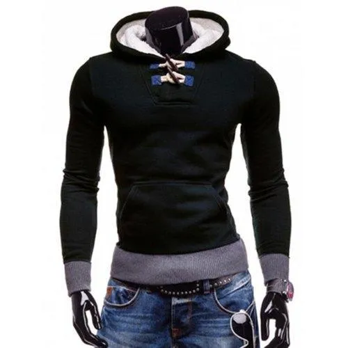 Stylish Hooded Horn Button Patched Splicing Slimming Long Sleeve Polyester Hoodie For Men - Deep Blue 2xl
