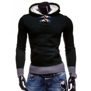 Stylish Hooded Horn Button Patched Splicing Slimming Long Sleeve Polyester Hoodie For Men - Deep Blue 2xl