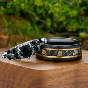 Stylish Natural Black Onyx Branches Engagement Couples Rings Tungsten Matching Engagement and Wedding Rings