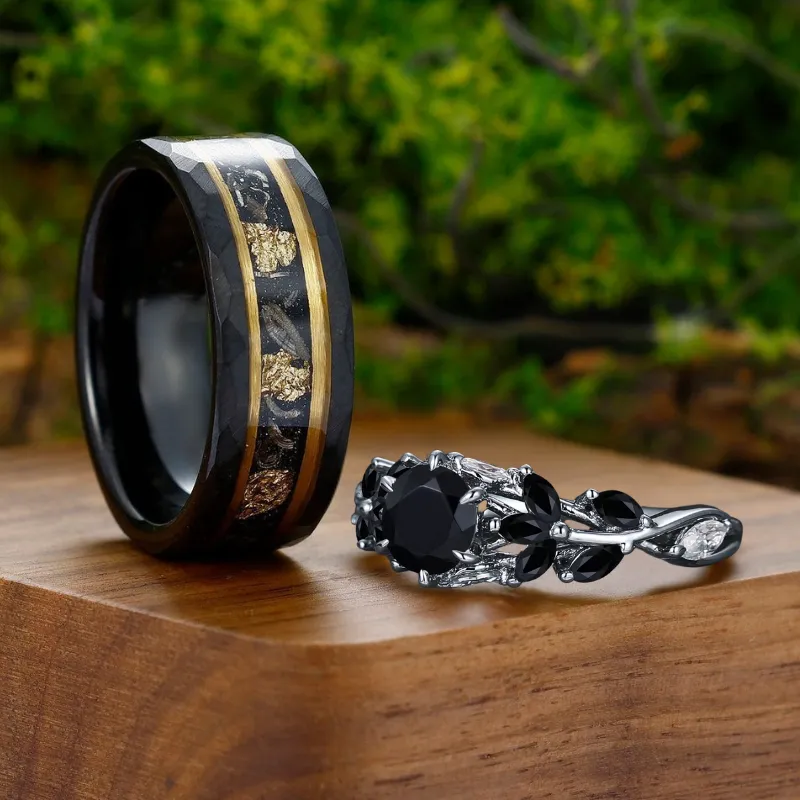 Stylish Natural Black Onyx Branches Engagement Couples Rings Tungsten Matching Engagement and Wedding Rings