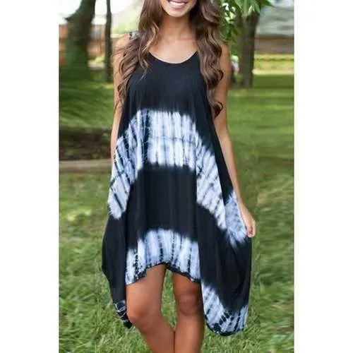 Stylish Round Neck Sleeveless Tie-Dyed Women's Flare Dress - Black And White Xl