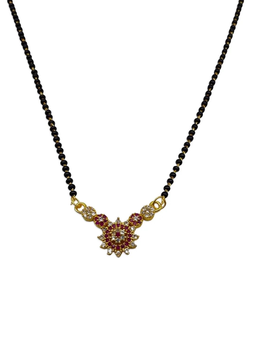 Stylish Short Mangalsutra Designs American Diamond Flower Pendant Simple Black Beads Chain