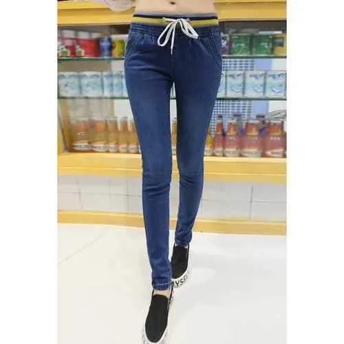 Stylish Striped Elastic Waist Bodycon Jeans For Women - Deep Blue 4xl