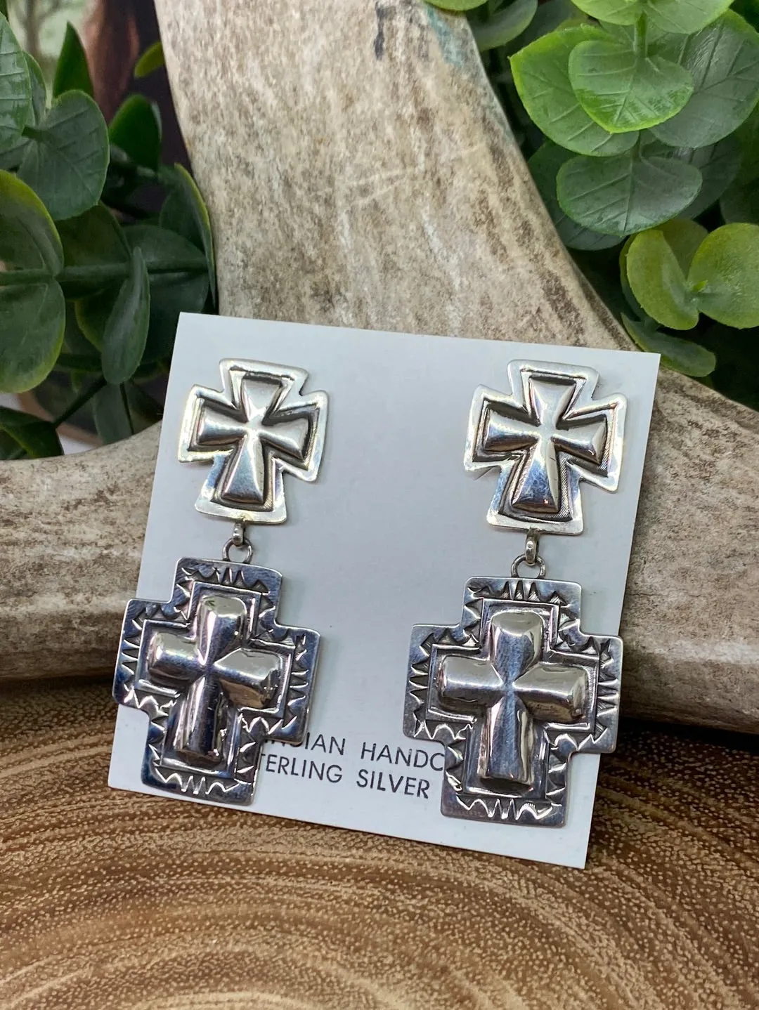 Tessa Sterling Double Cross Stamped Earring