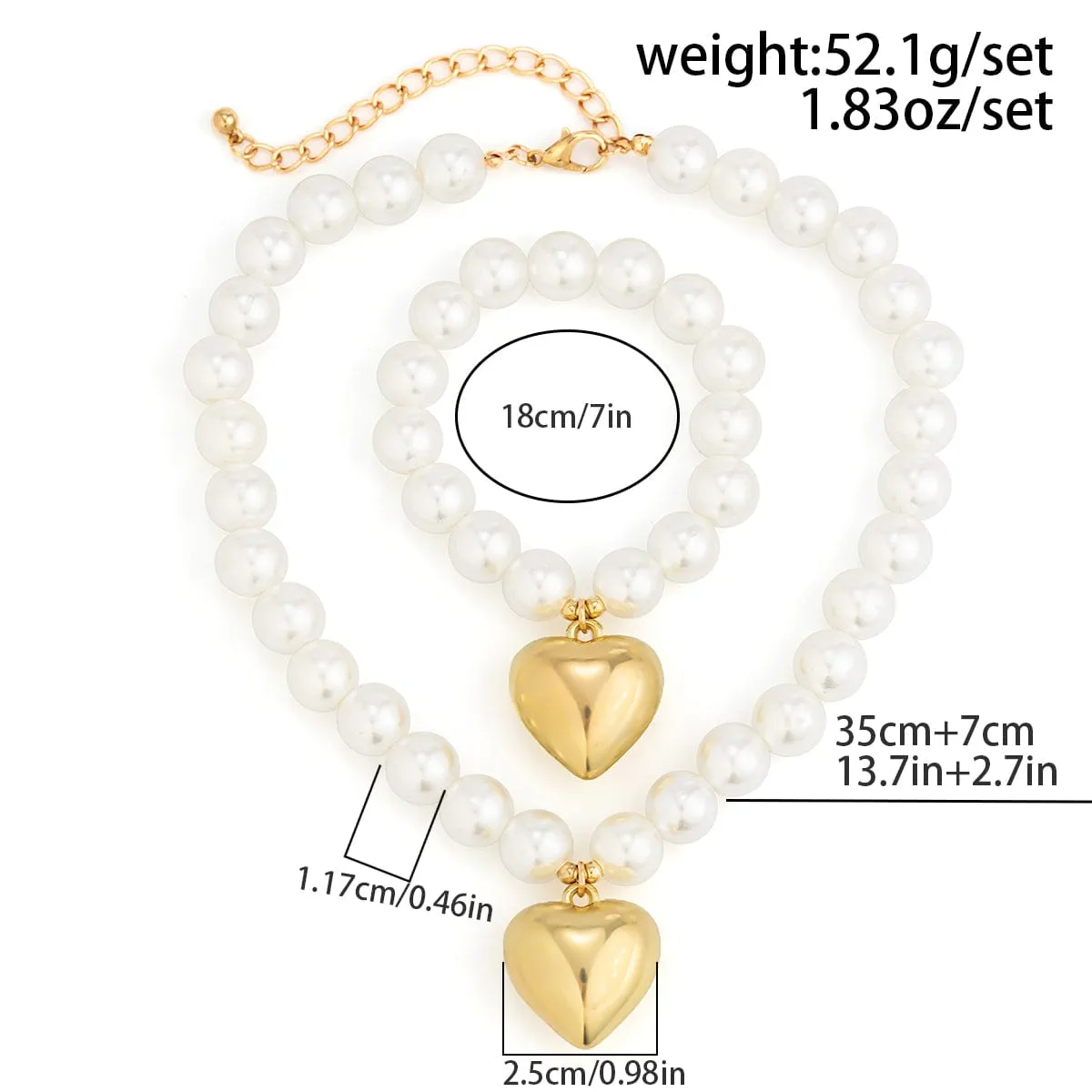 Trendy Heart Pendant Pearl Chain Bracelet Necklace Set