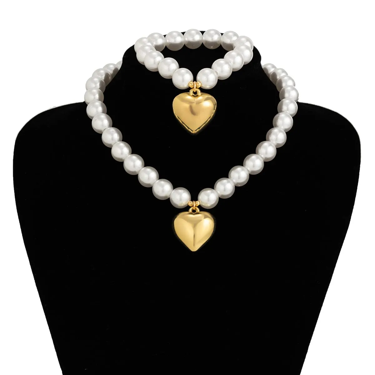 Trendy Heart Pendant Pearl Chain Bracelet Necklace Set