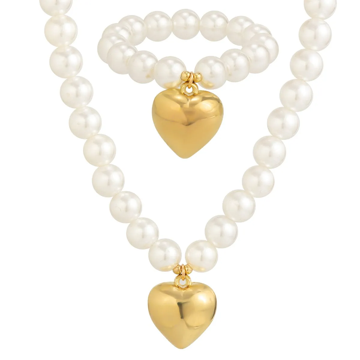 Trendy Heart Pendant Pearl Chain Bracelet Necklace Set