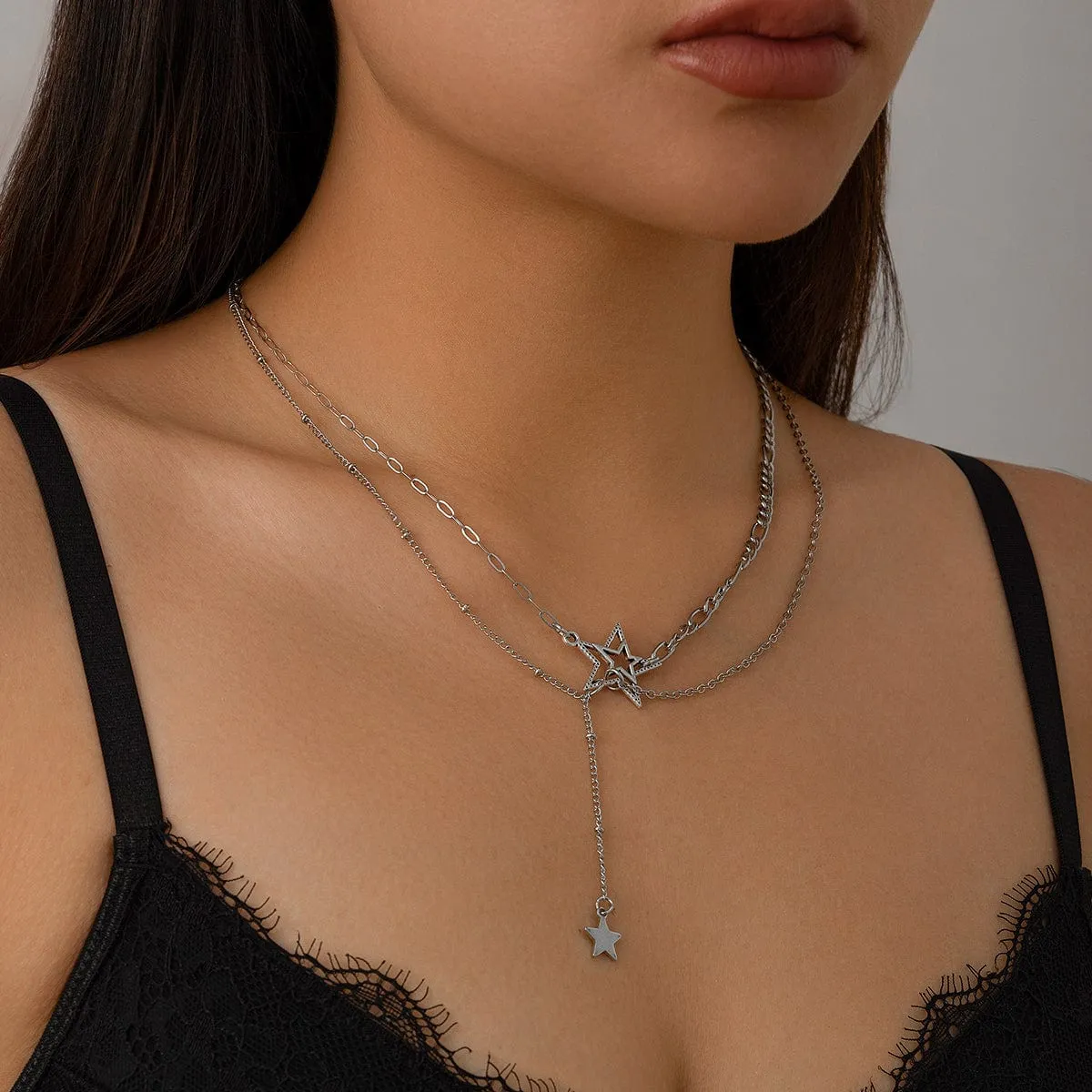 Trendy Layered Hollow Star Pendant Y Necklace