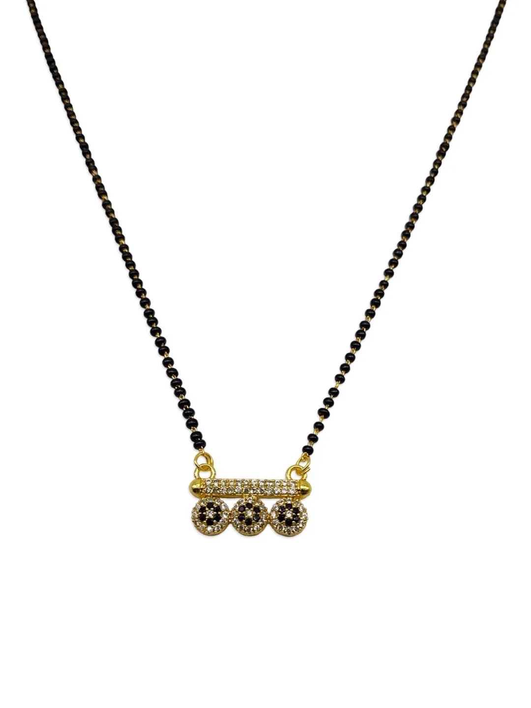 Trendy Short Mangalsutra Designs American Diamond Flower Pendant Simple Black Beads Chain