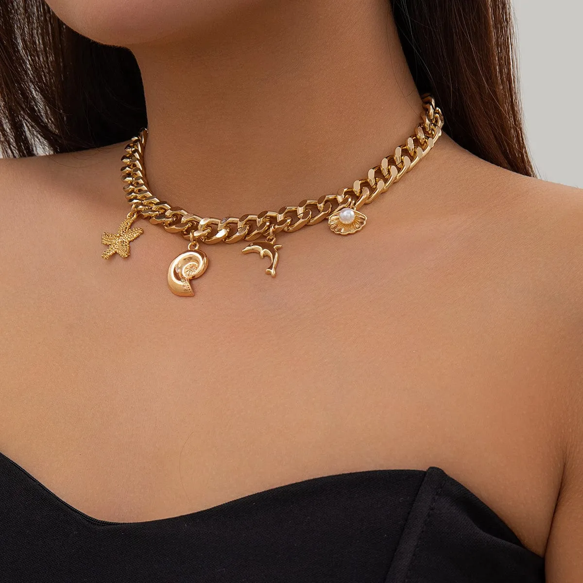 Trendy Starfish Conch Dolphin Shell Tassel Choker Necklace