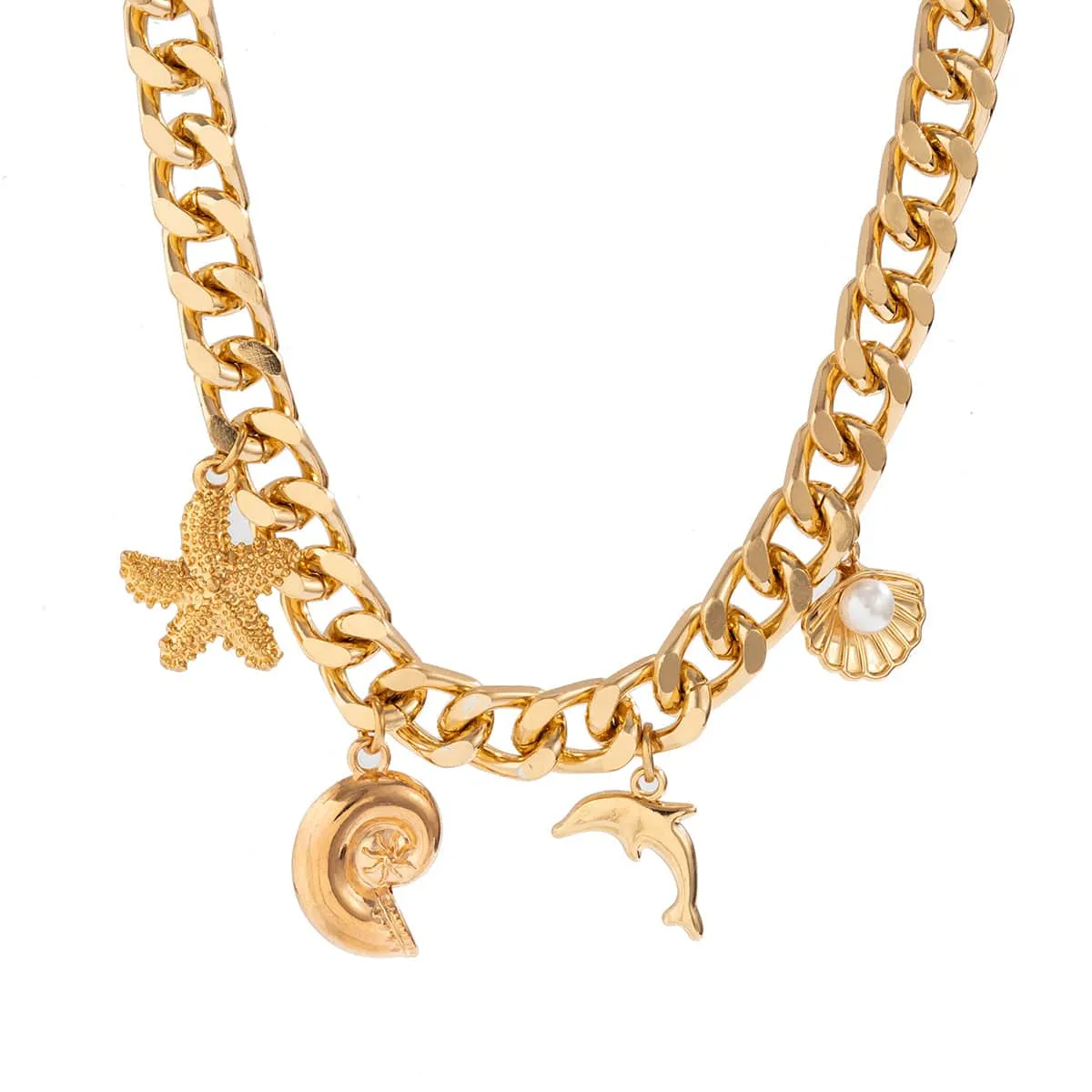 Trendy Starfish Conch Dolphin Shell Tassel Choker Necklace