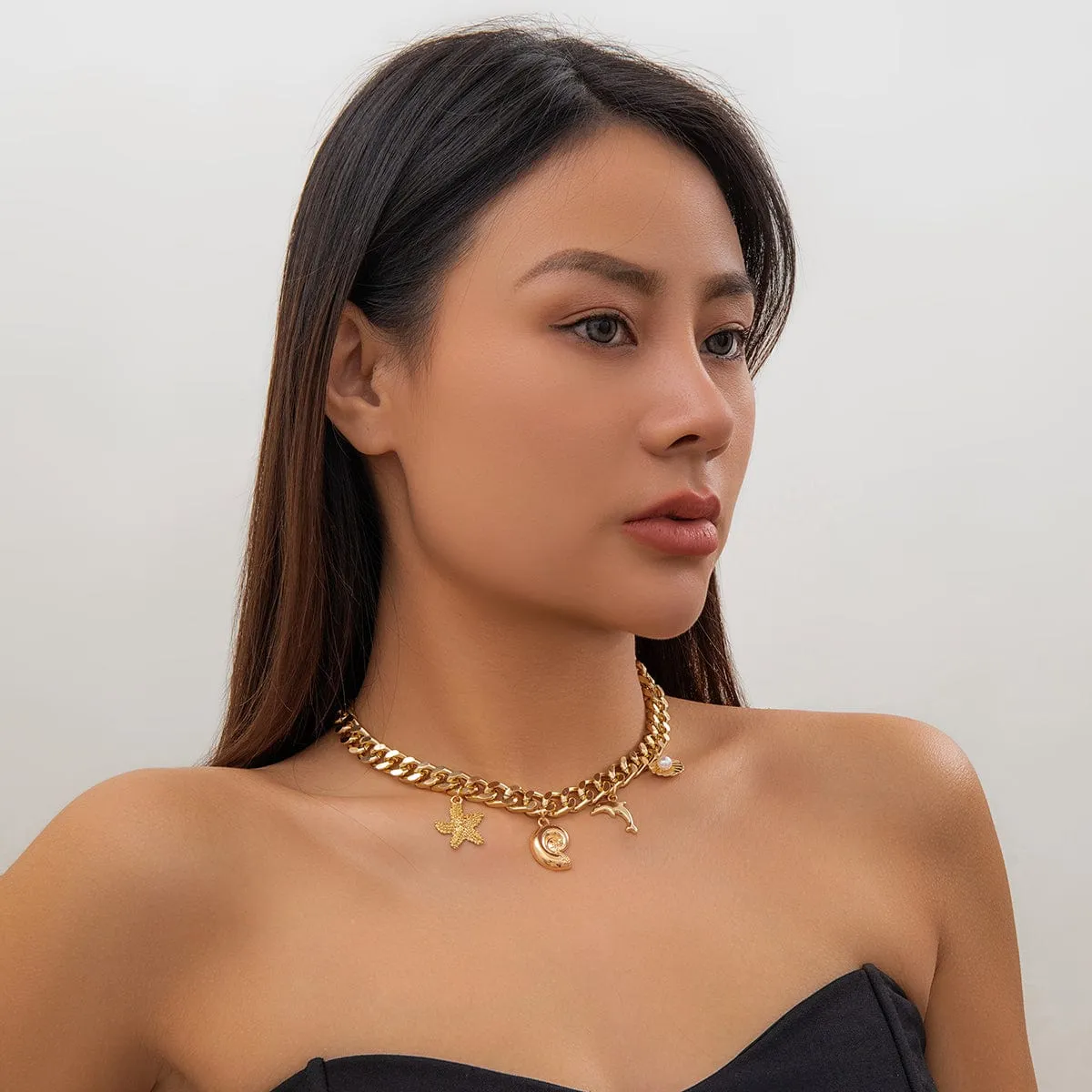 Trendy Starfish Conch Dolphin Shell Tassel Choker Necklace