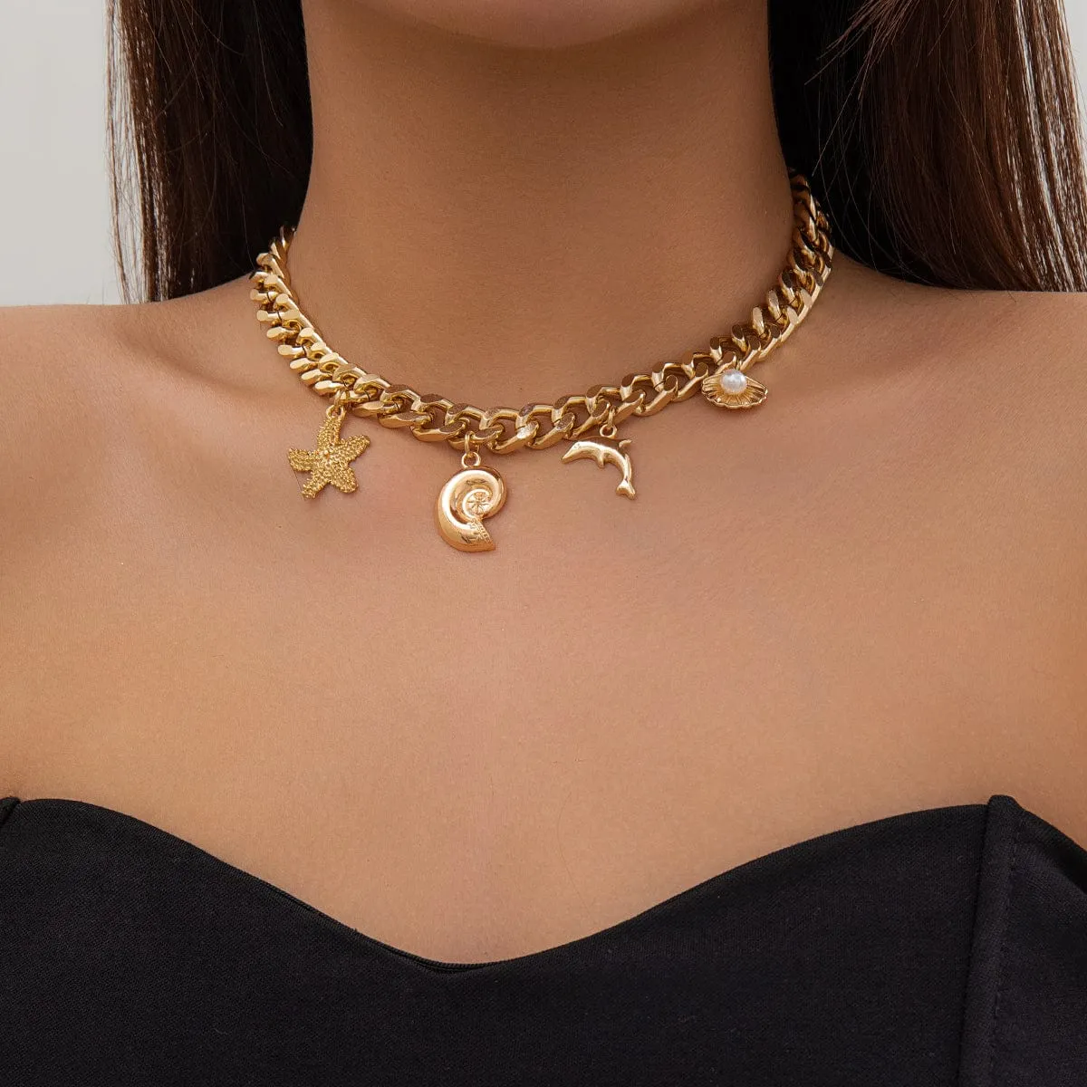 Trendy Starfish Conch Dolphin Shell Tassel Choker Necklace