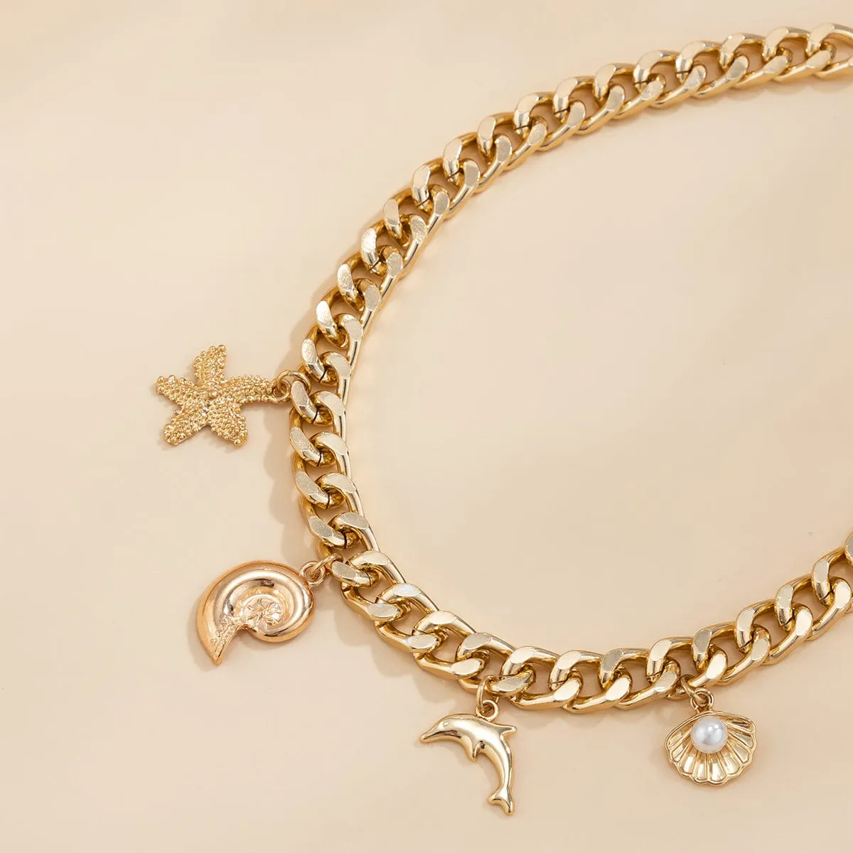 Trendy Starfish Conch Dolphin Shell Tassel Choker Necklace