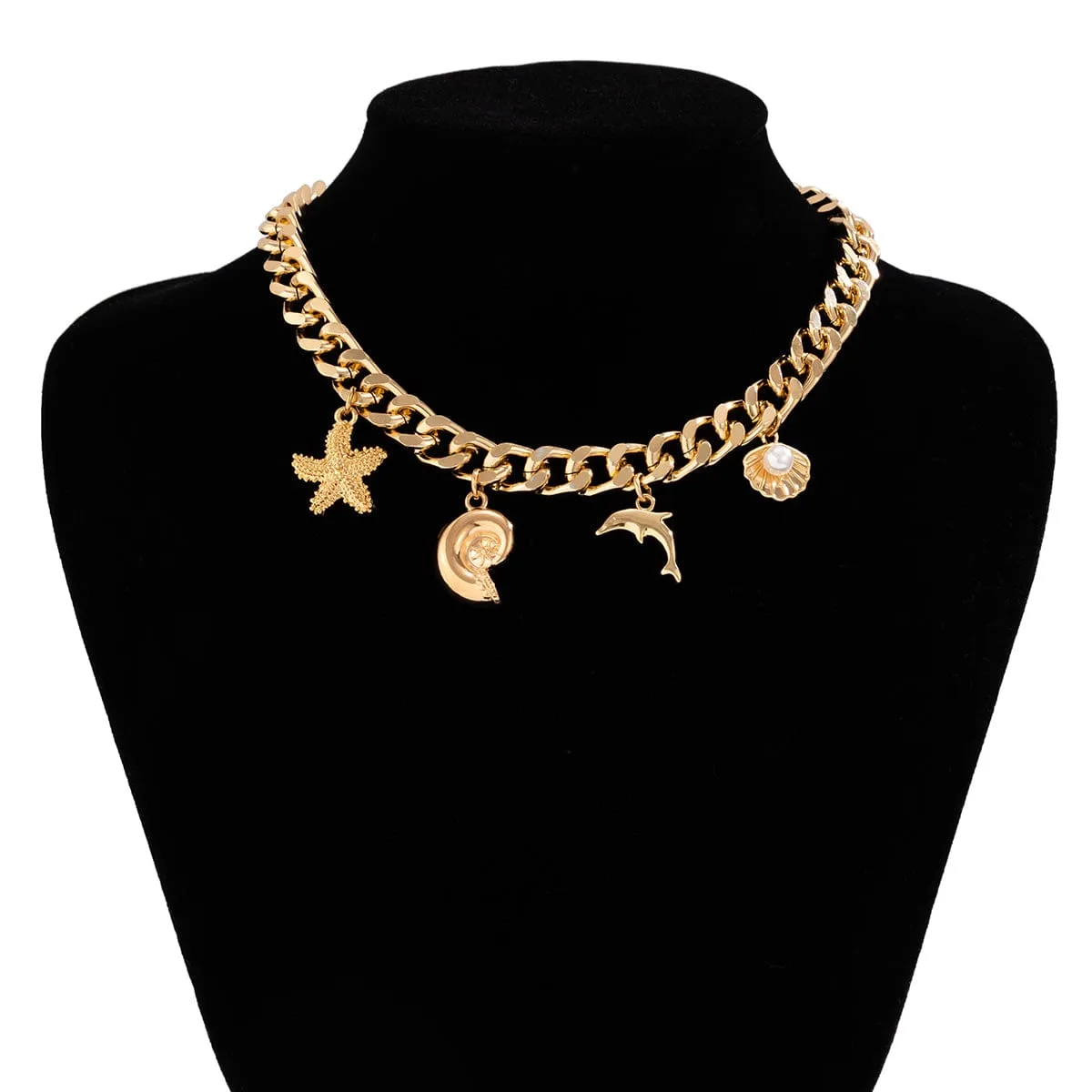 Trendy Starfish Conch Dolphin Shell Tassel Choker Necklace