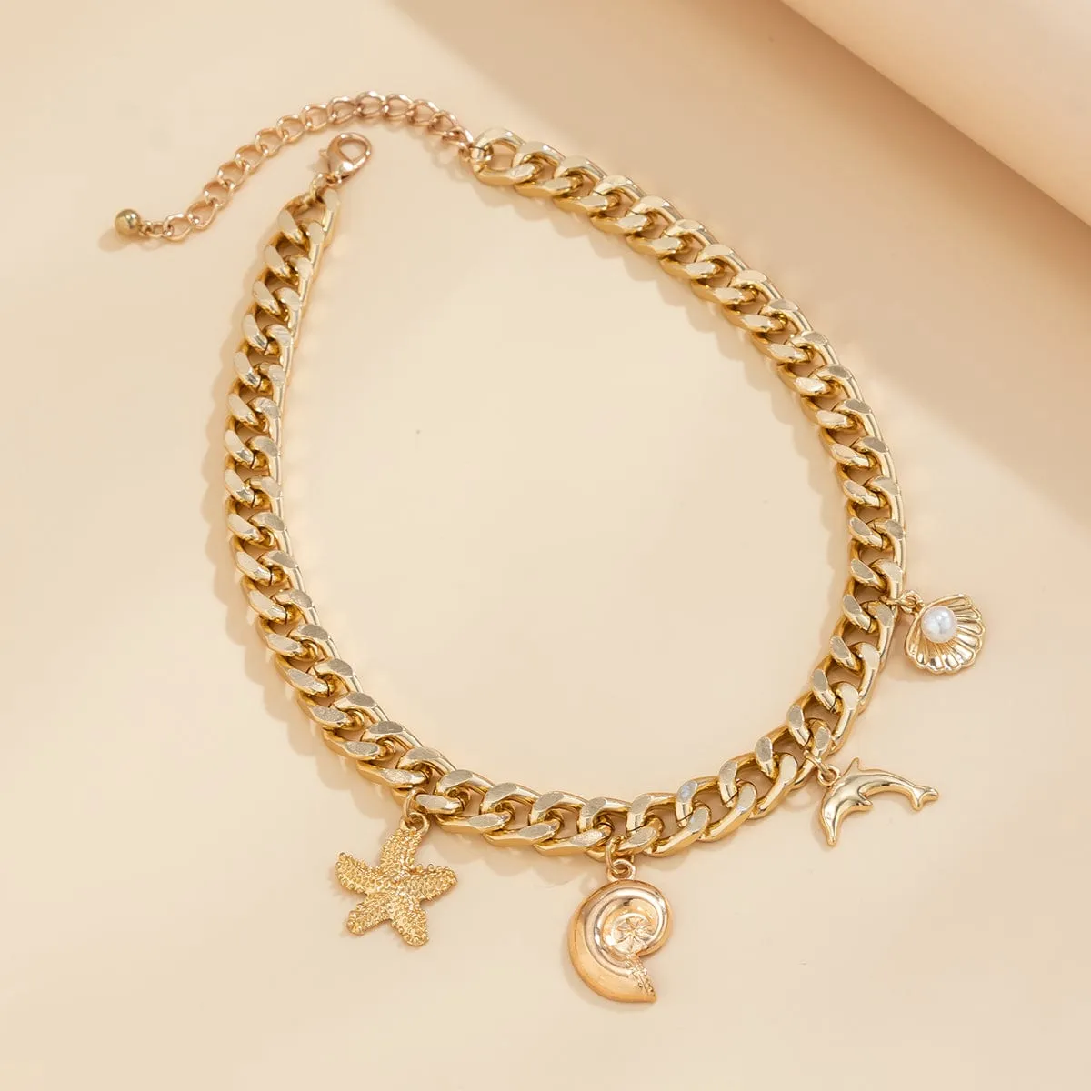 Trendy Starfish Conch Dolphin Shell Tassel Choker Necklace