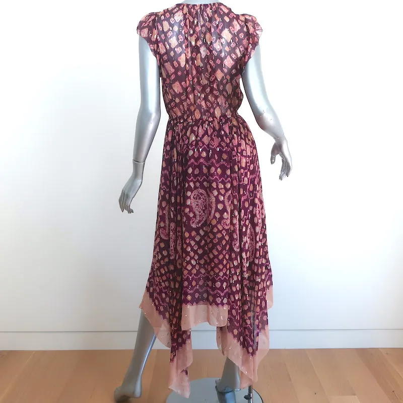 Ulla Johnson Asymmetric Midi Dress Aurelie Bordeaux Silk-Blend Fil Coupe Size 6