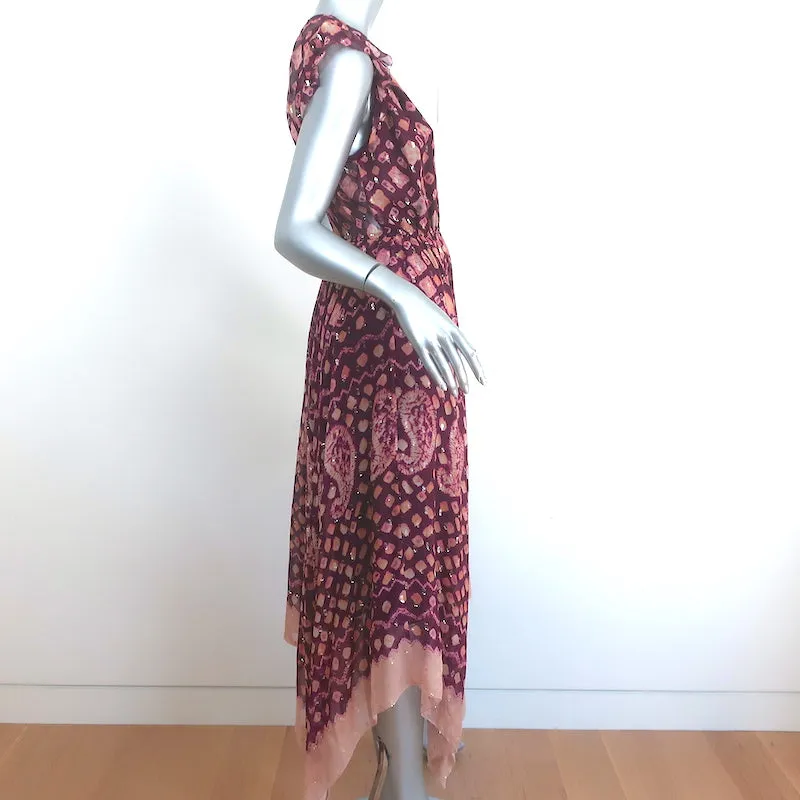 Ulla Johnson Asymmetric Midi Dress Aurelie Bordeaux Silk-Blend Fil Coupe Size 6
