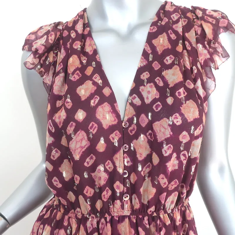 Ulla Johnson Asymmetric Midi Dress Aurelie Bordeaux Silk-Blend Fil Coupe Size 6