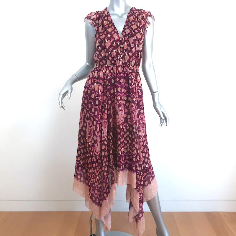 Ulla Johnson Asymmetric Midi Dress Aurelie Bordeaux Silk-Blend Fil Coupe Size 6