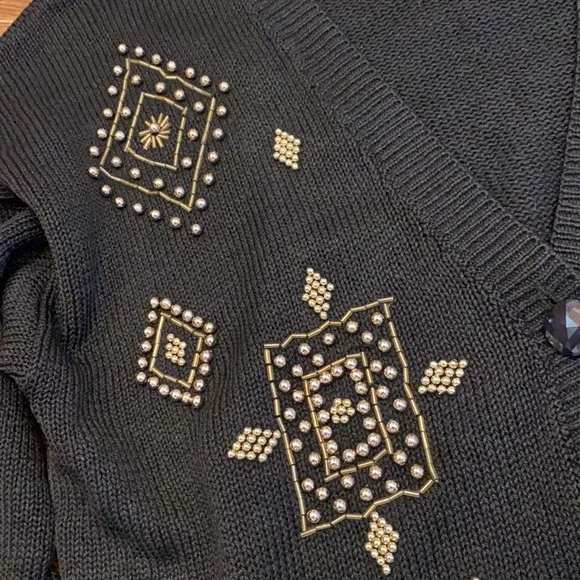 Vintage beaded black V neck cardigan sz M